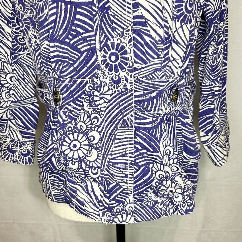 COLDWATER CREEK Utility Full Zip Jacket Sz 6 Floral Print Lapis Purple and White